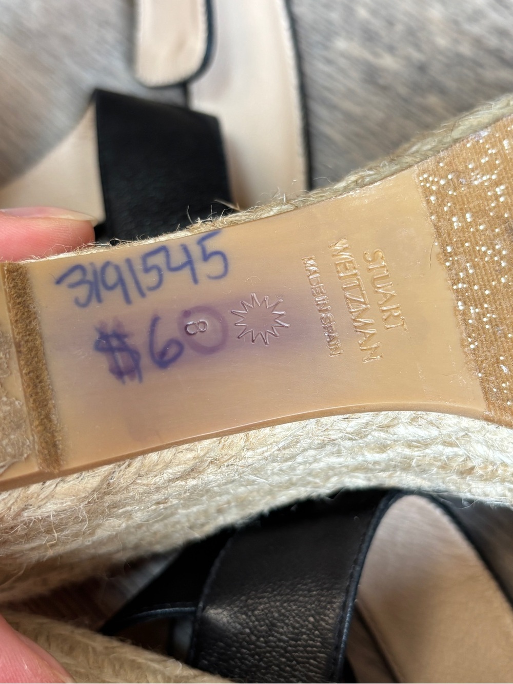 Stuart Weitzman Lexia Espadrille Leather Ankle Strap Black Wedge Sandal Sz 8 - Picture 14 of 16